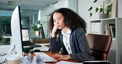 Buy stock photo Bored, computer and businesswoman in office with burnout for finance review with deadline. Fatigue, tired and overworked female financial manager with technology for investment proposal in workplace.