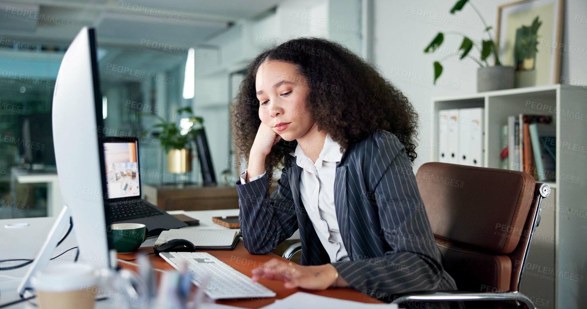 Buy stock photo Bored, computer and businesswoman in office with burnout for finance review with deadline. Fatigue, tired and overworked female financial manager with technology for investment proposal in workplace.