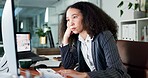 Bored, computer and businesswoman in office with fatigue for finance review with deadline. Burnout, tired and overworked female financial manager with technology for investment proposal in workplace.