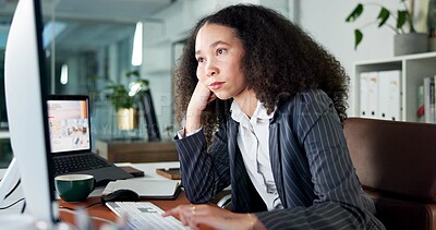 Buy stock photo Bored, computer and businesswoman in office with fatigue for finance review with deadline. Burnout, tired and overworked female financial manager with technology for investment proposal in workplace.