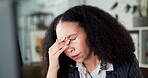 Business, woman and tired in office with headache from bad news, financial crisis and burnout. Exhausted, overworked person or migraine in workplace with finance stress, company debt risk or fatigue.