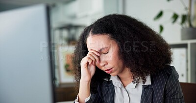 Buy stock photo Business, woman and fatigue in office with headache from bad news, financial crisis and burnout. Tired, overworked person and migraine in workplace with finance stress, company debt risk or problem.