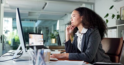 Buy stock photo Media agency, thinking and woman in office, computer and online reading with email for submission. Person, copywriting and journalist with pc, article or magazine website with publication or creative