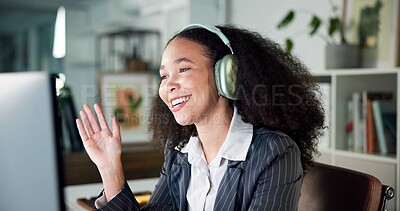 Buy stock photo Happy woman, headphones and wave with video call for communication or online meeting in office. Female person, consultant or agent with smile for webinar, discussion or conversation in workplace
