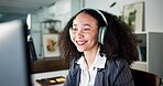 Business woman, headphones and smile with music for audio streaming or subscription in office. Female person, administrator and listening with technology for sound entertainment and research break