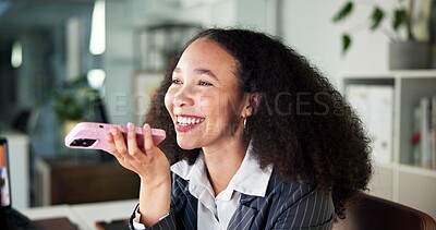 Buy stock photo Happy woman, conversation or speaker with phone in office for friendly discussion or audio message. Female person, employee or smile with mobile smartphone for voice note, communication or workplace