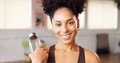 Buy stock photo Portrait, water bottle and woman with smile, fitness and confidence with hydration. Happiness, athlete and person in health club, wellness and exercise with workout, liquid and refreshing drink