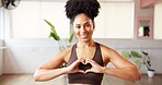 Fitness, portrait or black woman in studio with heart hands, appreciation or body positivity in wellness routine. Smile, exercise or athlete in gym with emoji, self love or support for progress goal.