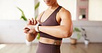 Hands, woman and check smart watch for fitness, performance tracking or health information. Exercise, person and wristwatch for timer, workout progress or heartbeat monitor for wellness in studio