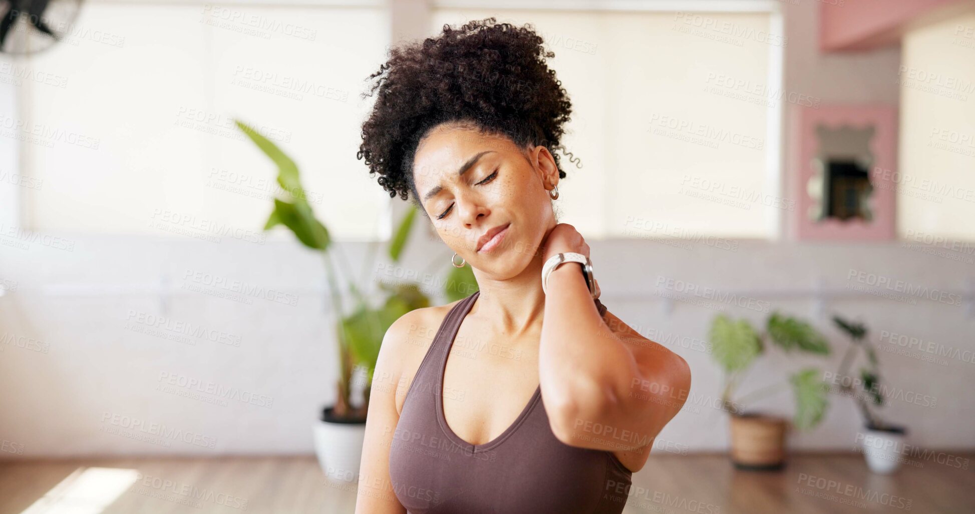 Buy stock photo Athlete, black woman and discomfort of neck pain from fitness accident, inflammation and cramp. Female person, ache and spine injury from pilates, muscle sprain and exercise mistake from burnout risk