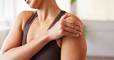 Buy stock photo Hands, woman and discomfort of shoulder pain from pilates accident, inflammation and cramp. Female person, massage and joint injury from fitness, muscle sprain and exercise mistake with burnout risk