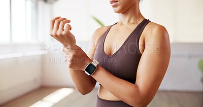 Buy stock photo Hands, woman and wrist pain from fitness in studio for exercise mistake, accident and burnout. Female person, massage and arm discomfort with muscle sprain, joint pressure and pilates training injury