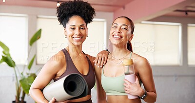 Buy stock photo Portrait, personal trainer or happy people in studio for fitness support, pride or wellness training. Women, confident or trainers with yoga mat in club, mobility exercise or water bottle for join us