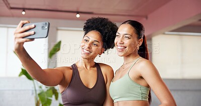Buy stock photo Fitness, women and friends with selfie in yoga class for profile picture, memory and smile. Pilates break, people and social media with technology at health club for vlog, update and exercise team