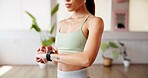 Hands, woman and check smart watch for exercise, performance tracking or health information. Fitness, person and wristwatch for timer, workout progress or heartbeat monitor for wellness in studio