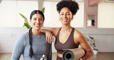 Buy stock photo Portrait, personal trainer or women smile in studio for fitness support, pride or wellness training. Happy people, confident or yoga instructors with mat in health club, membership or join us