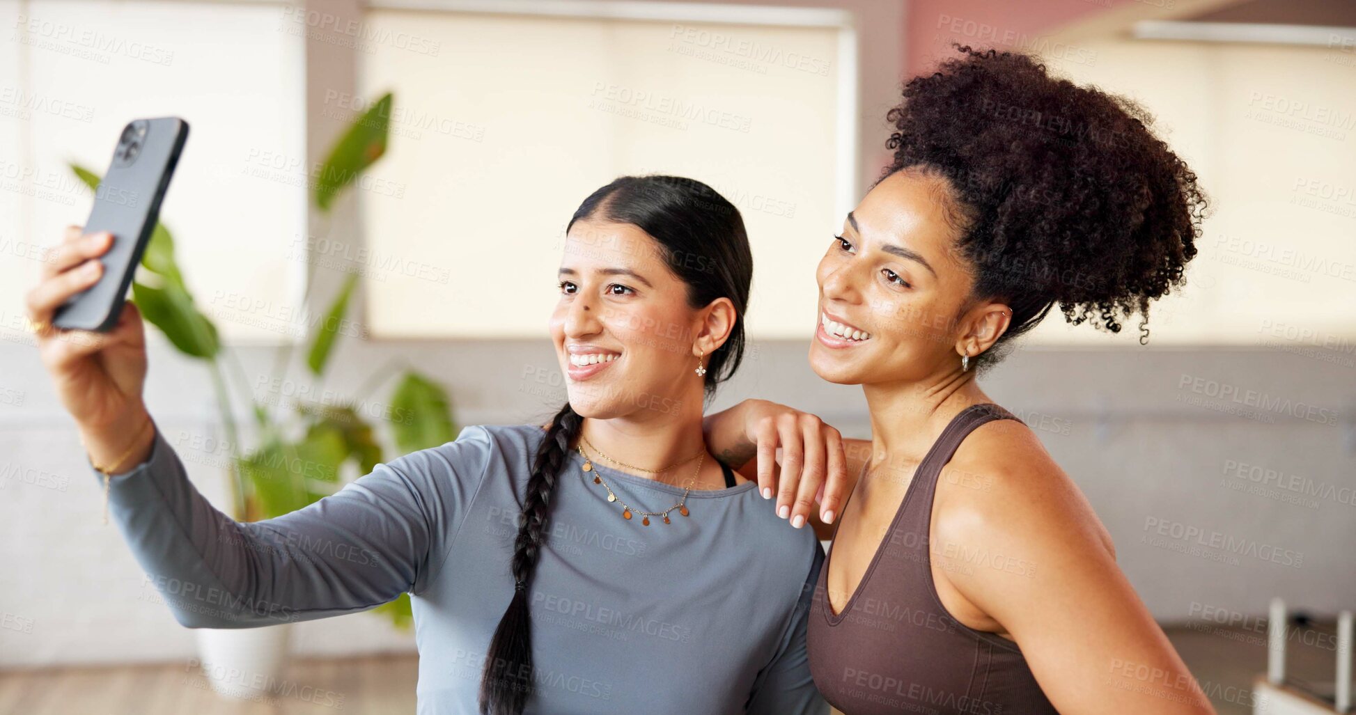 Buy stock photo Fitness, women and friends with selfie in yoga studio for profile picture, memory and smile. Pilates break, people and social media with technology at health club for vlog, update and exercise team