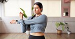 Exercise, woman and stretching arms in studio for wellness, health and start yoga routine. Person, yogi and warm up muscle at club for pilates preparation, flexibility and getting ready for fitness