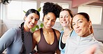 Fitness, face and women with selfie in studio for yoga class memory, exercise break and online post. Health club, happy friends and hug with photography for wellness blog update and profile picture