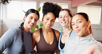 Buy stock photo Fitness, portrait and women with selfie in studio for yoga class memory, exercise break and online post. Health club, happy friends and hug with photo for wellness blog update or profile picture pov