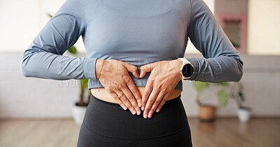 Buy stock photo Fitness, stomach and person in gym with heart hands, gut health and inspiration for body goals. Sport, belly and athlete in studio with emoji, weight loss and digestion support in wellness routine.