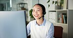 Computer, help desk or happy woman with headset for customer care, consulting or advice for troubleshooting. Tech support, contact center or virtual assistant speaking to client, hotline or solution
