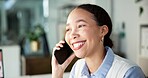 Creative, woman and phone call with smile in office for discussion, contact source and schedule. Journalist, mobile and talk with editor feedback, interview questions and chat for article publication