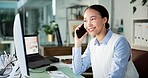 Creative, woman and phone call with computer in office for discussion, contact source and schedule. Journalist, mobile and pc for editor feedback, interview questions and chat for article publication