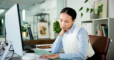 Buy stock photo Tired, businesswoman or computer in office with neck pain from bad posture, financial crisis or issue. Exhausted, overworked person or desktop in workplace with finance stress, tension or discomfort.