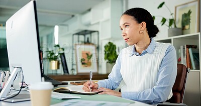 Buy stock photo Media agency, writing and woman in office, computer and research for news report. Person, employee and journalist with notebook, creativity and email for submission, publication and magazine website