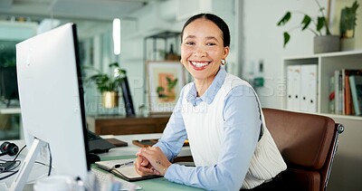 Buy stock photo Portrait, business woman and happy at computer for news publication, article editing and research. Publishing agency, journalist and smile with tech for submission upload, proofreading draft or pride