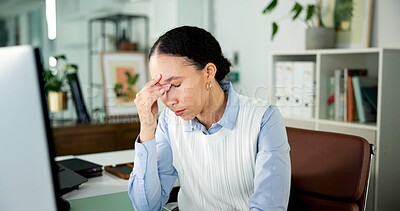 Buy stock photo Tired, businesswoman or burnout in office with headache from bad news, financial crisis or issue. Exhausted, overworked person or migraine in workplace with finance stress, bankruptcy risk or fatigue