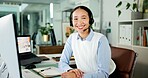 Portrait, help desk or happy woman with headset for customer care, consulting or advice for troubleshooting. Tech support, contact center or virtual assistant speaking to client, hotline or solution