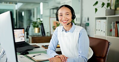 Buy stock photo Portrait, help desk or happy woman with headset for customer care, consulting or advice for troubleshooting. Tech support, contact center or virtual assistant with mic, hotline or client solution