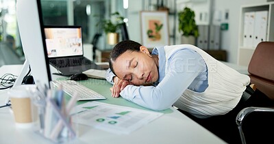 Buy stock photo Tired woman, sleeping or computer with rest for fatigue, burnout or procrastination in office. Business, female person or employee asleep with snooze, nap or break for bored, lazy or unproductive day