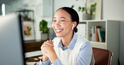 Buy stock photo Video call, smile or woman in office with earphones, discussion or good news in client chat. Happy, digital or consultant in agency with tech, online meeting or positive update for stakeholder.