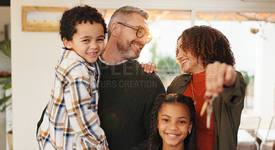 Buy stock photo House keys, happy and parents with children in new home for bonding, love or family time together. Smile, care and kids with mother and father for property, real estate or mortgage investment.