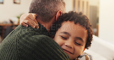 Buy stock photo Love, father and child with hug in home for bonding together, parenting and connection. Happy family, kid and single dad with embrace in apartment for relationship, security and affection with trust