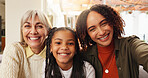 Portrait, selfie and family in house with smile, digital memory and bonding together on weekend break. Happy, parent and child in home with reunion, connection or social media post on summer vacation