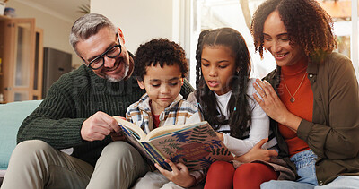 Buy stock photo Happy, reading and parents with children on sofa for bonding, learning together and knowledge. Family home, language and mom, dad and kids with books, literature or story for education in living room