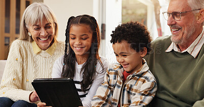 Buy stock photo Tablet, happy and grandparents with children on sofa in home for watching movie, series or show. Relax, digital technology and senior people with kids for streaming film together in living room.