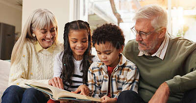 Buy stock photo Happy, reading and grandparents with children on sofa for bonding, learning together and knowledge. Home, senior generation and kids with books, literature and story for education in living room