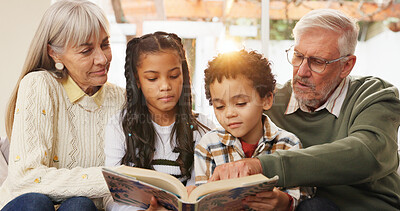 Buy stock photo Home, reading and grandparents with children on sofa for bonding, learning together and knowledge. Flare, family and happy grandpa, grandma and kids with books, literature and story for education