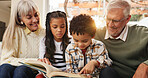Home, books and grandparents with children on sofa for bonding, learning together and knowledge. Flare, family and happy grandpa, grandma and kids with literature, reading and story for education