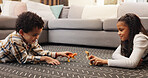 Play, smile or kids on carpet with toys, growth activity or fun with dinosaur in living room. Joy, brother or sister in house with figures, fantasy game or family time in childhood development.
