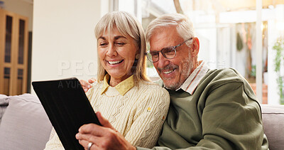 Buy stock photo Tablet, relax and senior couple on sofa in home watching film, series or show together. Happy, digital technology and elderly man with woman for streaming movie on app in living room at house.