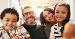Portrait, selfie and family in home with smile, digital memory and bonding together on weekend break. Happy, parent and child in house with reunion, connection or social media post on summer vacation