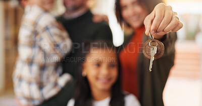 Buy stock photo House keys, hands and parents with children in new home for bonding, love or family time together. Smile, care and kids with mother and father for property, real estate or mortgage investment.