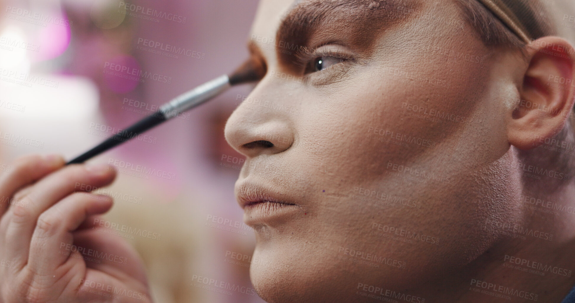 Buy stock photo Drag performer, cosmetic or brush in dressing room for stage preparation, identity or profile. Person, makeup transformation or backstage for beauty, self expression or artist with creative alter ego