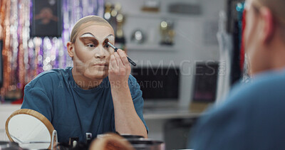 Buy stock photo Drag artist, mirror and makeup with beauty, brush and backstage with preparation for performance. Person, tools and apply eyeshadow with cosmetics, creative show and self expression in dressing room